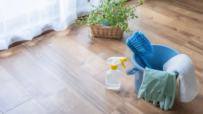 Cleaning supplies on a wood floor inside of a house.