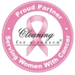 Pink ribbon with pink circle around it. proud partner serving women with cancer