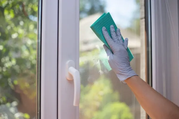 Person cleaning a window in their home