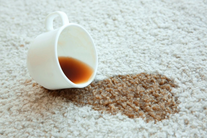 Coffee mug spilling onto carpet.