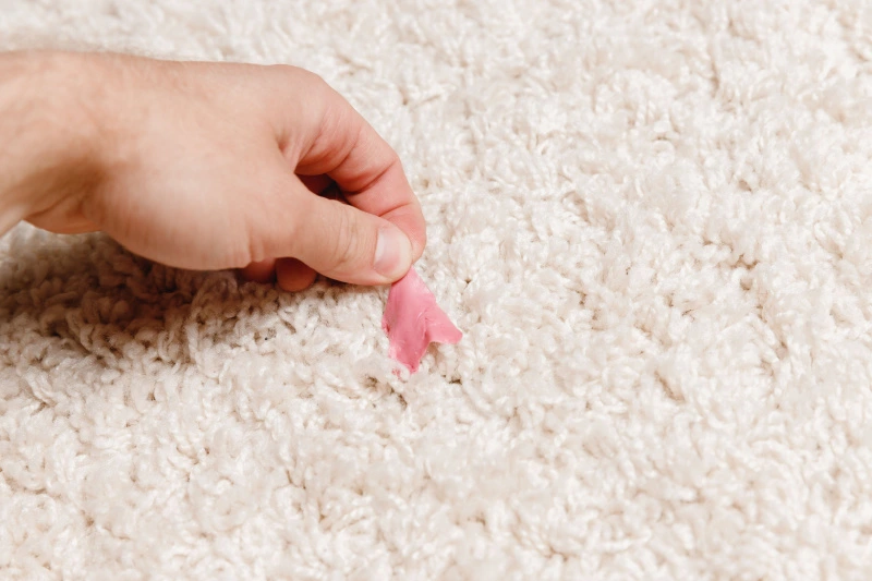 Person pulling gum off carpet.