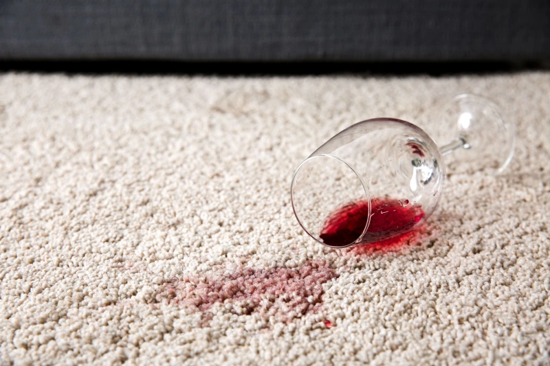 Wine glass spilling onto carpet.