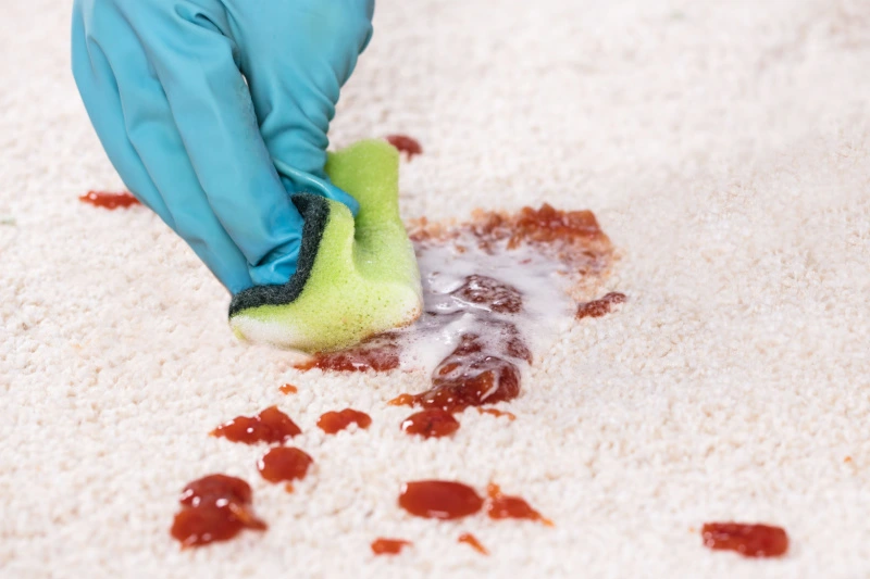 Person scrubbing carpet with dishwasher detergent.
