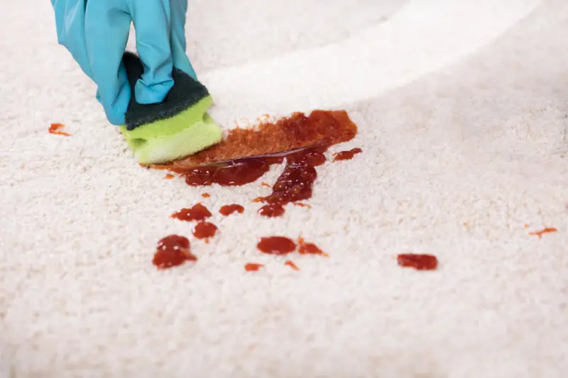 Person scrubbing spill on carpet with a sponge.