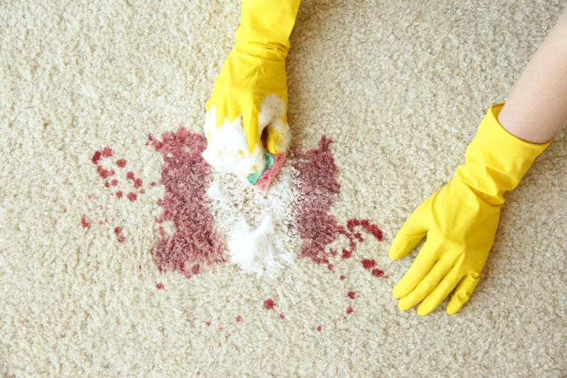 Person using shaving cream to clean spill on carpet.