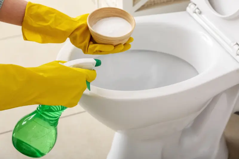 Person using baking soda to clean hard water stains from a toilet