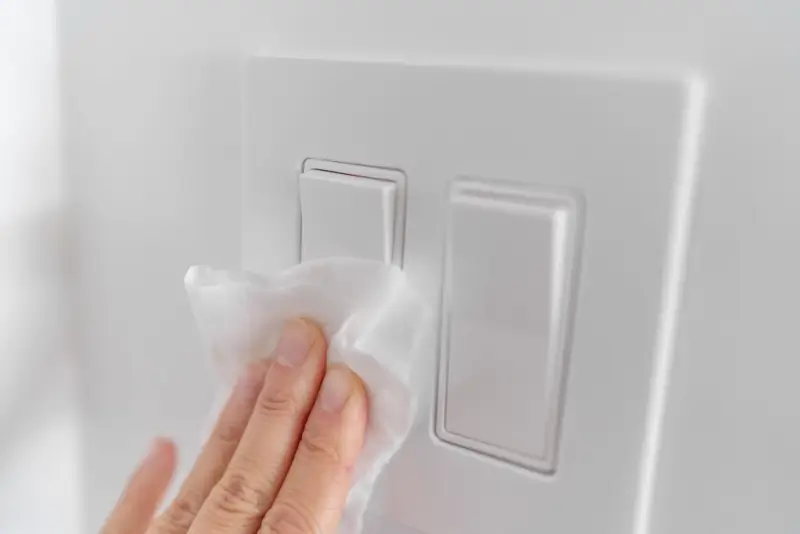 Person disinfecting light switch.