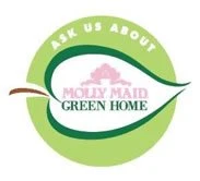 A leaf illustration with the Molly Maid logo inside and the words 'Ask Us About Molly Maid Green Home'