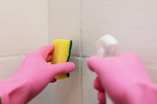 person wearing pink rubber gloves using a spray bottle and a yellow and green sponge to clean mildew from tile