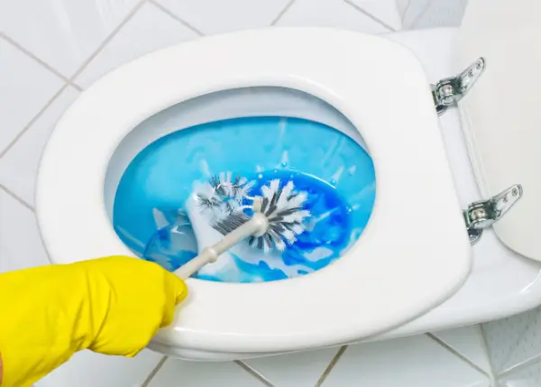 Person cleaning toilet bowl.