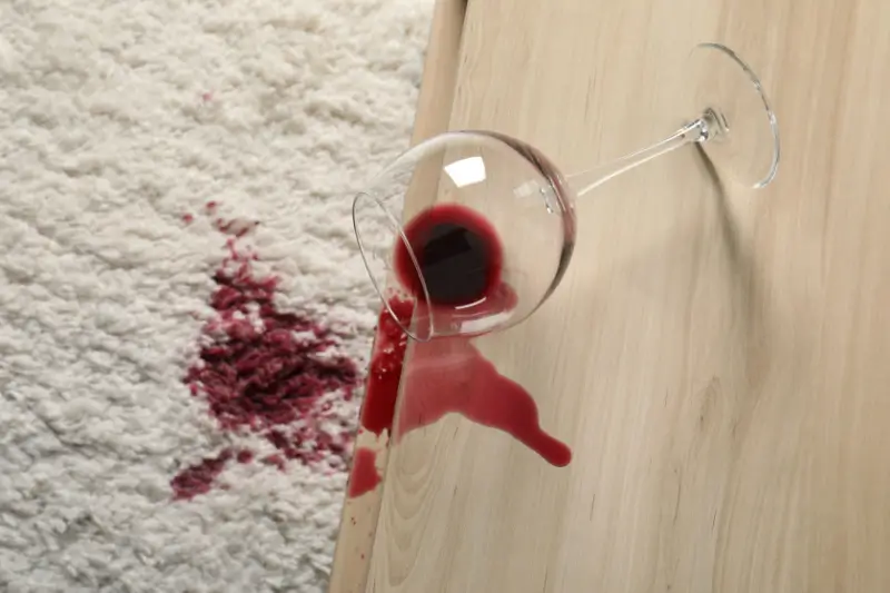 Knocked over wine glass leaving red wine stain on carpet