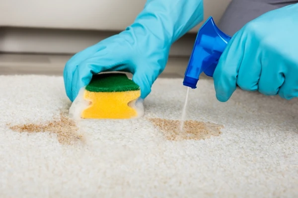Person wearing rubber gloves and using a spry bottle and sponge to remove a stain from a carpet.