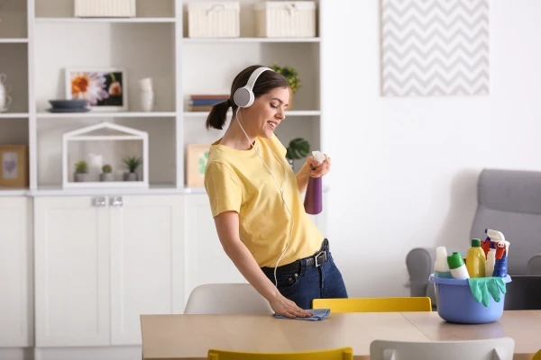 Young woman wearing headphones while cleaning table