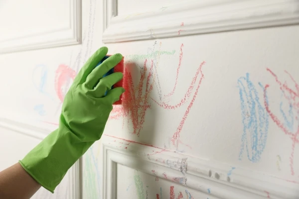 Person wearing rubber gloves and using a sponge to remove crayon from a white wall.