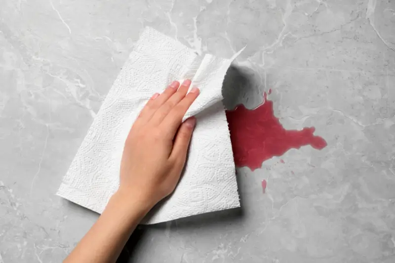 Person wiping wine spill on granite counter top