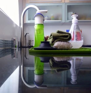 cleaning supplies on kitchen counter