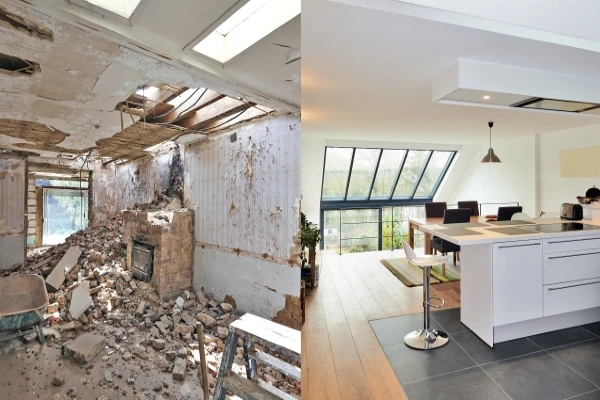 On the left, a gutted room with debris on the floor; on the right, the renovated, furnished dining room and kitchen