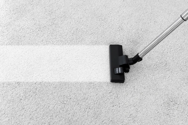 Vacuum removing dirt on a white carpet