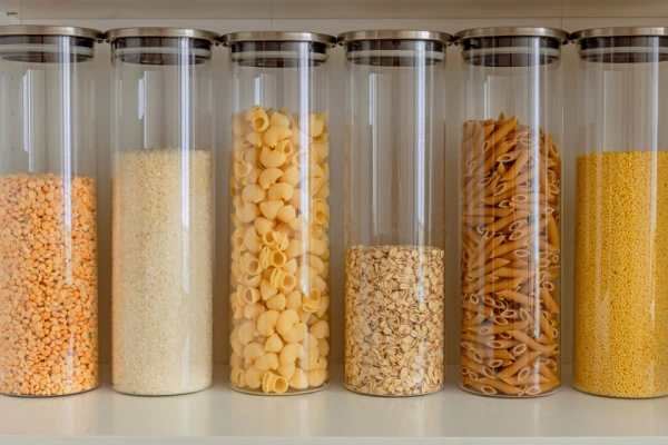 Food in clear jars organized neatly in a pantry