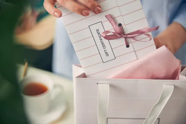 Woman packaging a gift certificate in a paper bag