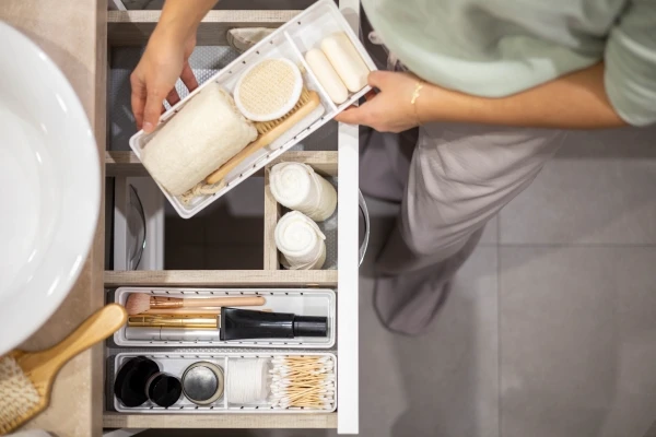 Overhead view of woman placing neatly organized bathroom item into a storage drawer.