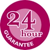 Magenta-colored circle with the words '24 hour guarantee' inside