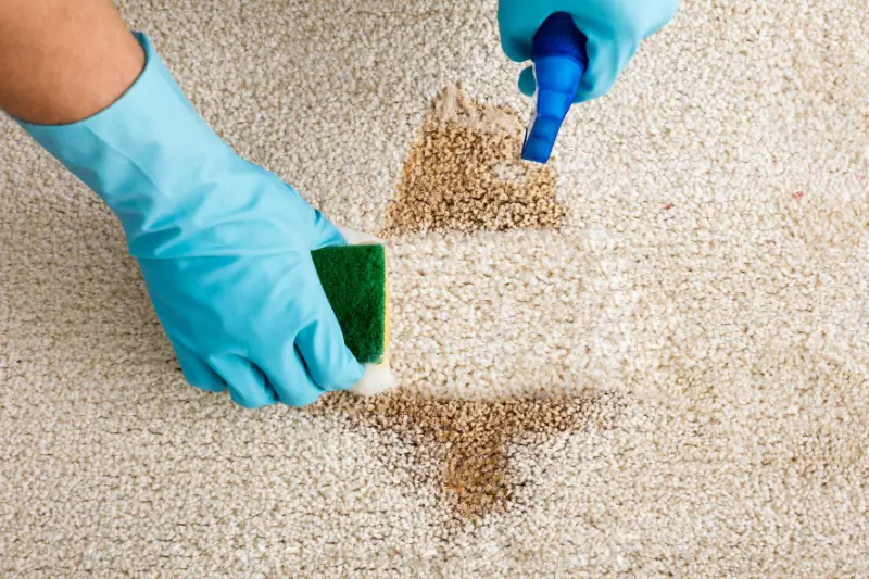 Cleaning professional scrubbing vomit out of carpet