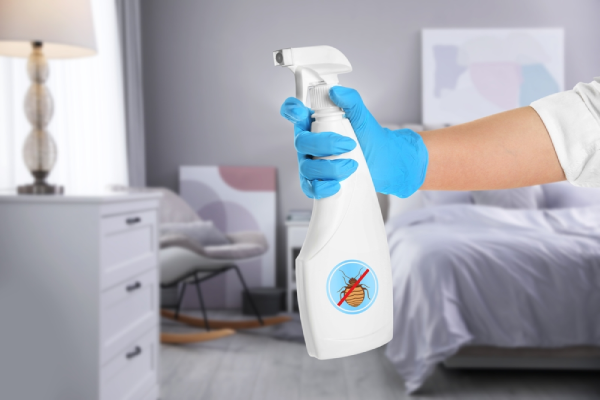 House cleaner holding anti bug spray in a bedroom