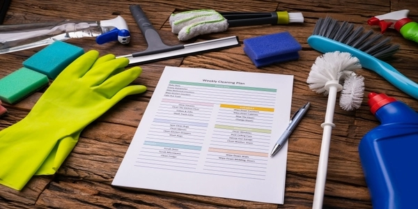 Close-up of various cleaning products around weekly cleaning plan form with pen.