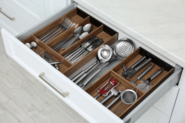 Open silverware drawer showing different utensils, cutlery and other kitchen items.
