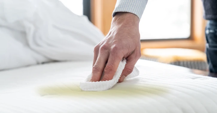 A hand pressing a white cloth into a yellow stain on a white mattress