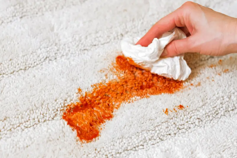 Person blotting red food stain on carpet.