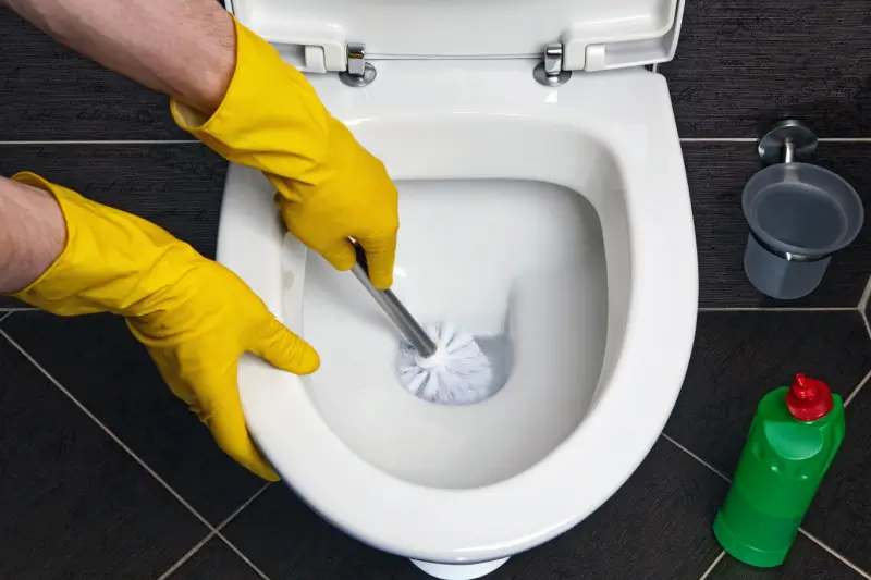 Person using toilet brush to clean toilet