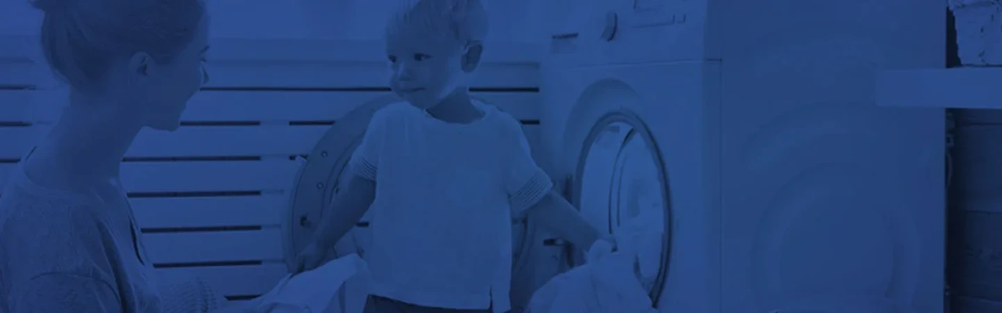 image of mother and son doing laundry together on a transparent blue background.