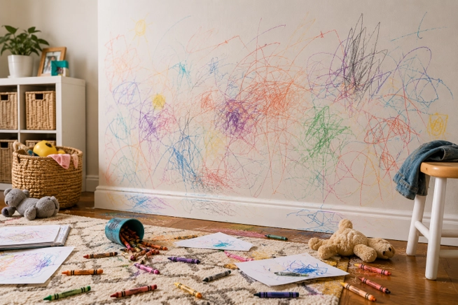 Colorful crayon drawings covering a painted wall in a child's playroom with scattered crayons, artwork, and toys creating a messy scene.