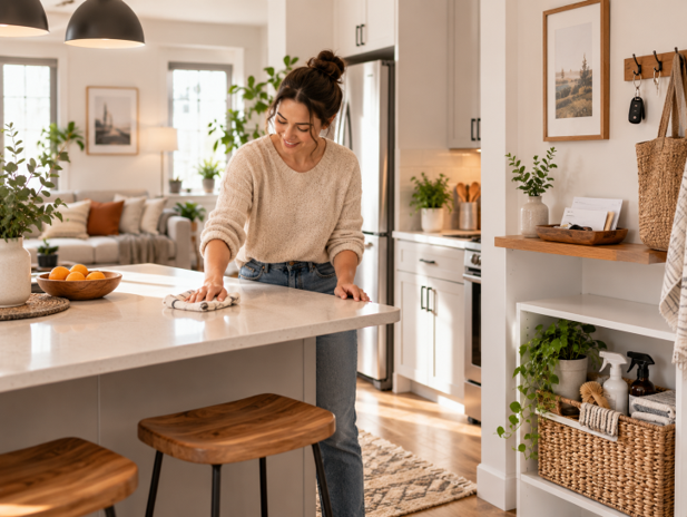Woman wiping a kitchen counter in a tidy small apartment with organized storage, clear surfaces, and cleaning supplies.