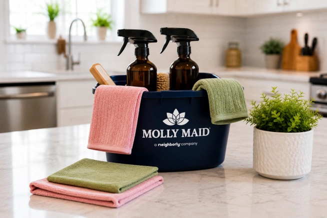 Cleaning supplies in a caddy arranged on a kitchen counter next to a decorative potted plant.
