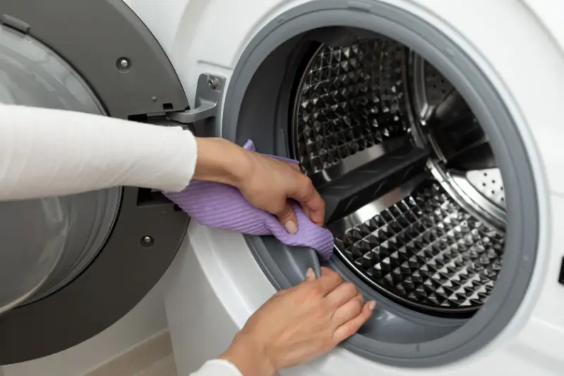 Person cleaning the inside of a washing machine