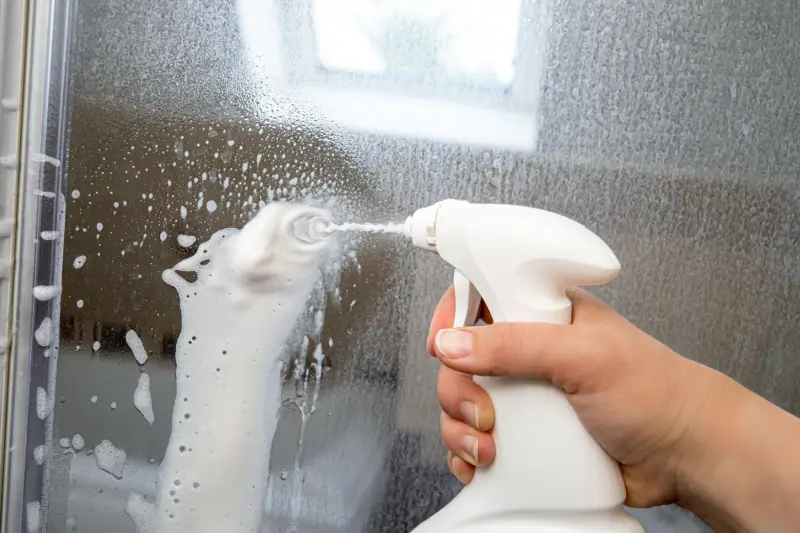 Person spraying shower glass door with cleaning solution