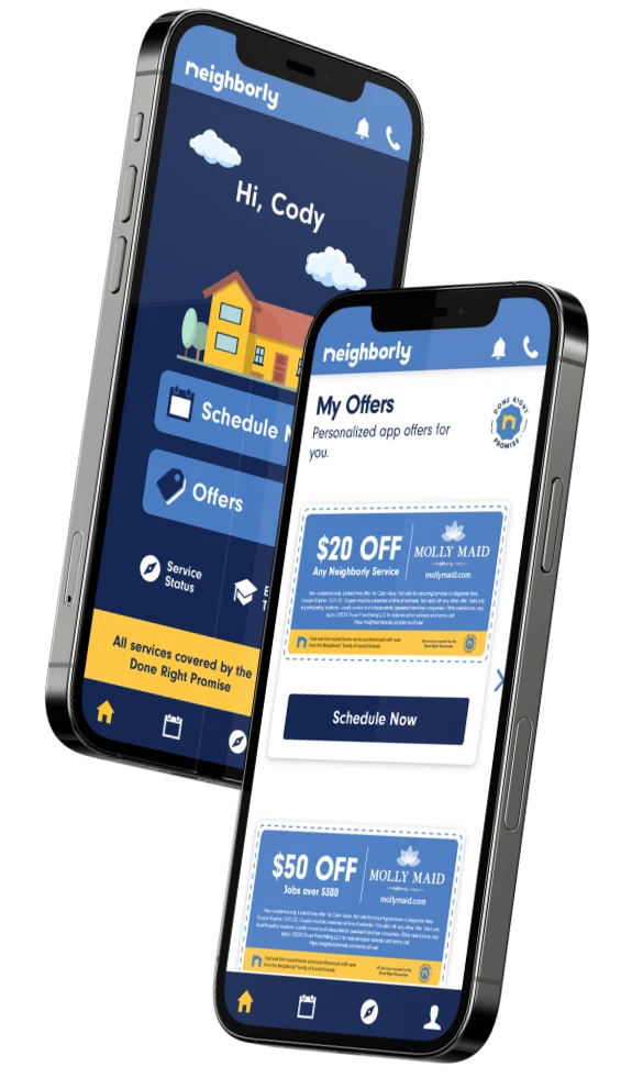Pair of smartphones displaying Neighborly app homepage and Molly Maid coupon.