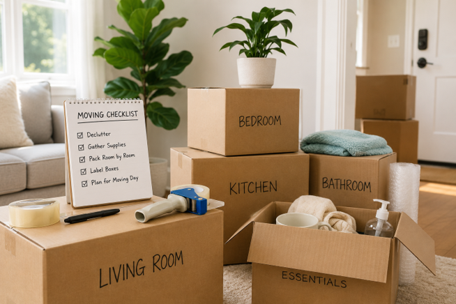 Labeled moving boxes, packing tape, and a moving checklist organized for moving day.