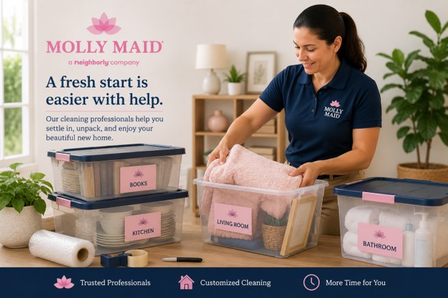 Molly Maid® cleaning professional organizing labeled storage bins.
