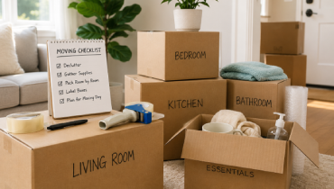 Labeled moving boxes, packing tape, and a moving checklist organized for moving day.