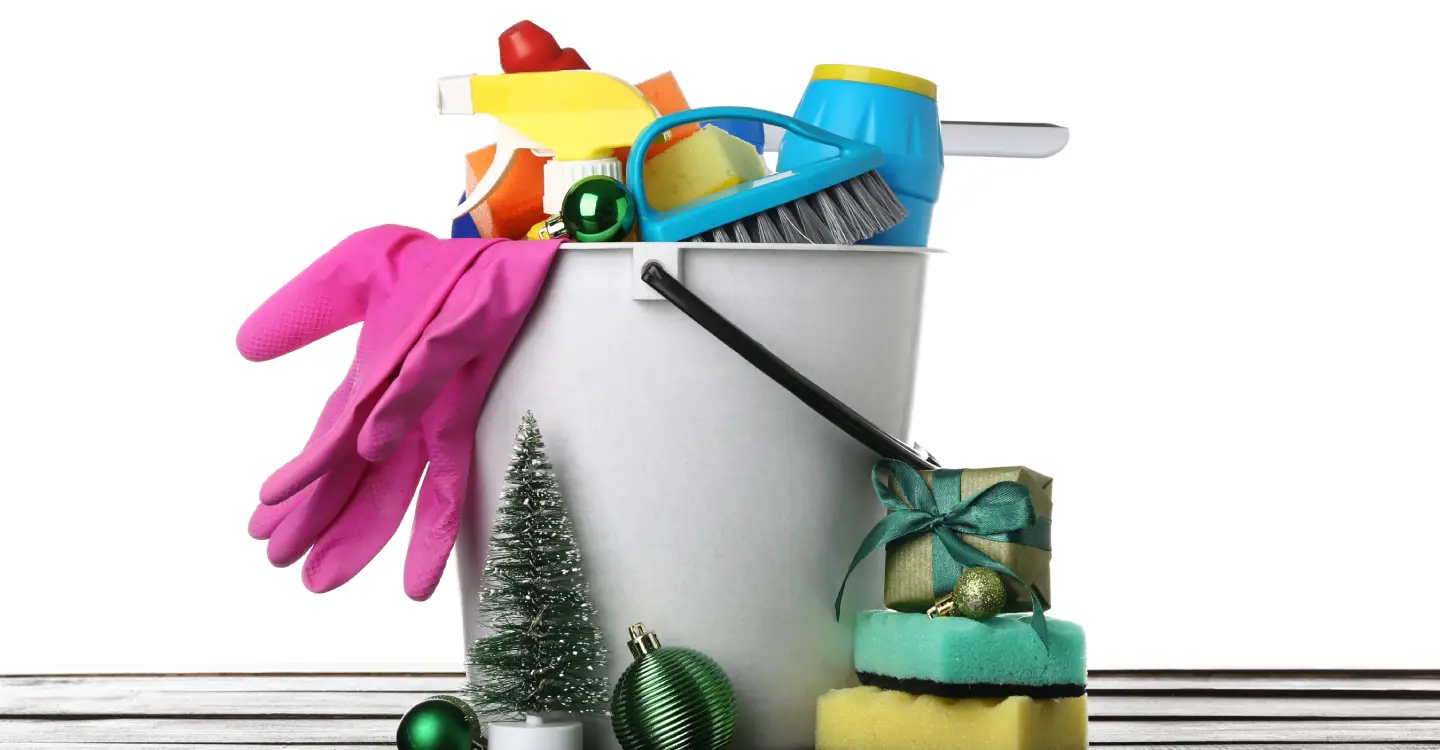 Cleaning supplies with holiday decorations.