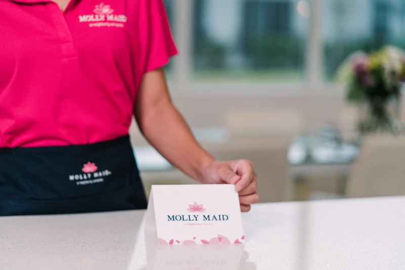 Molly Maid table tent on a counter top.